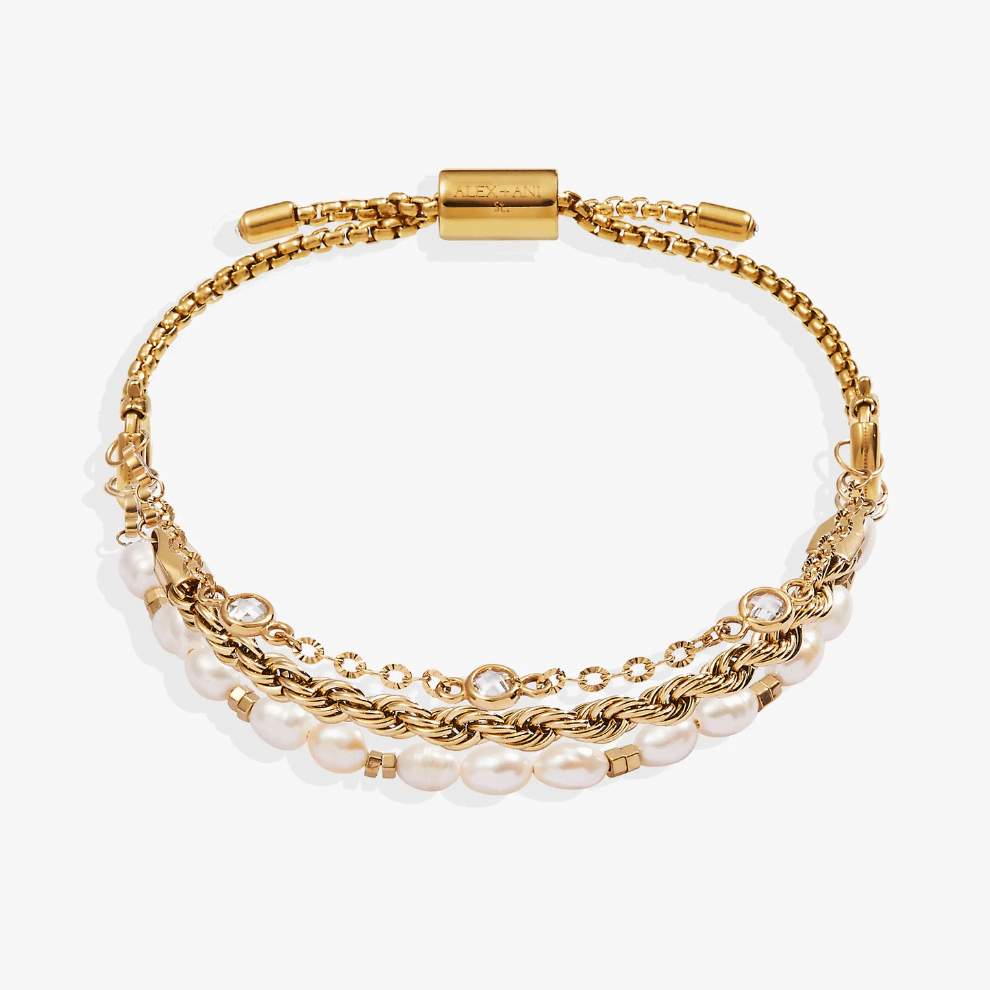 Crystal + Pearl Stranded Bracelet Set by ALEX AND ANI, gold-tone multi-strand chain with pearls on Tampa Home & Garden Store