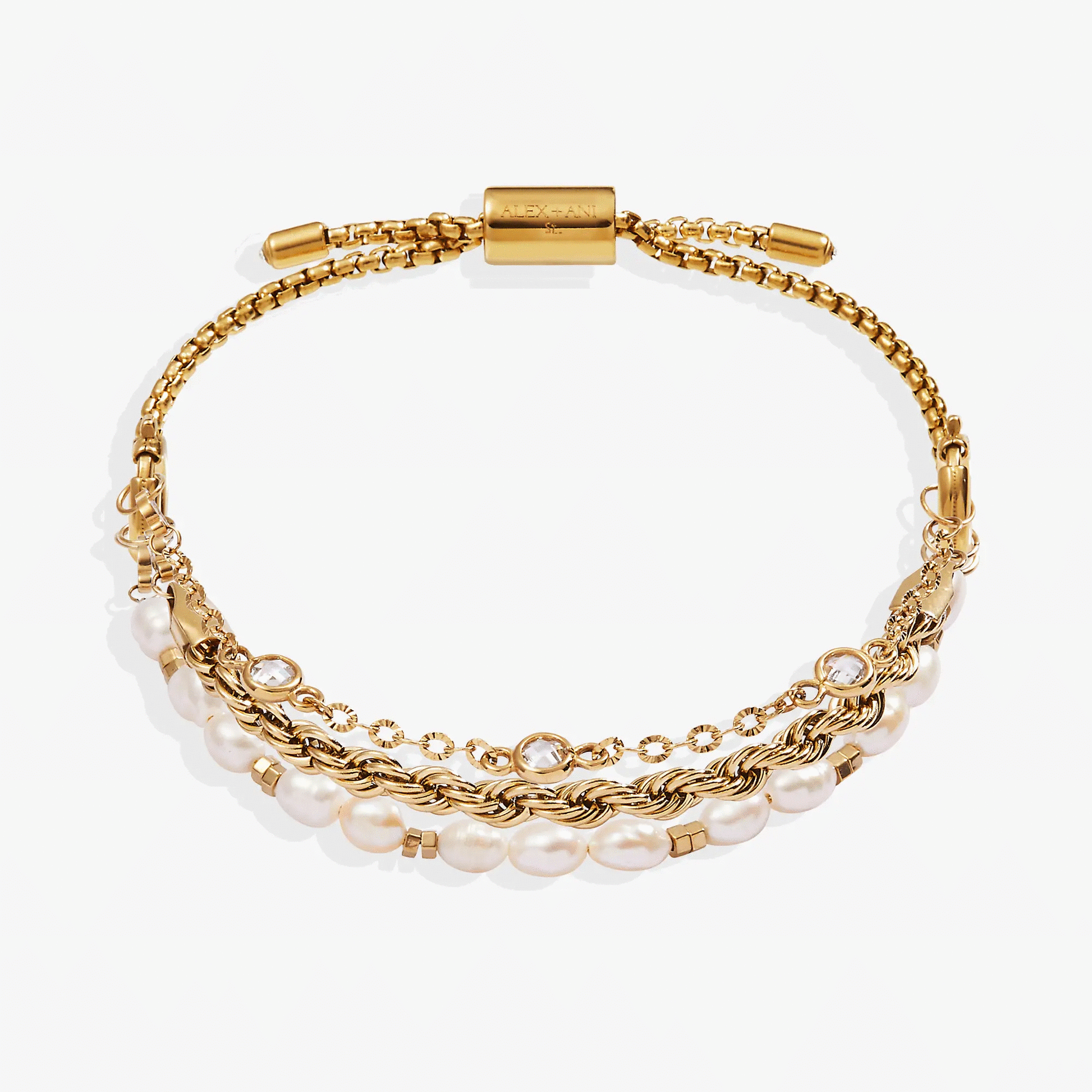 Crystal + Pearl Stranded Bracelet Set by ALEX AND ANI, gold-tone multi-strand chain with pearls on Tampa Home & Garden Store