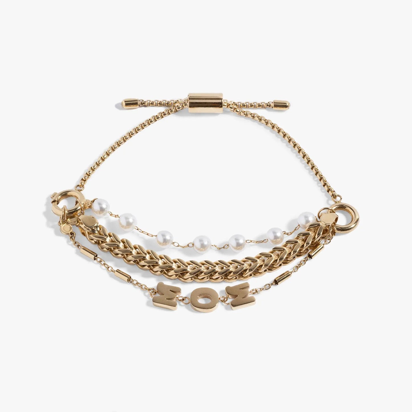 Bracelet set Mom Pearl Stranded by ALEX AND ANI, gold-tone chains with pearl beads and MOM charms on Tampa Home & Garden Store