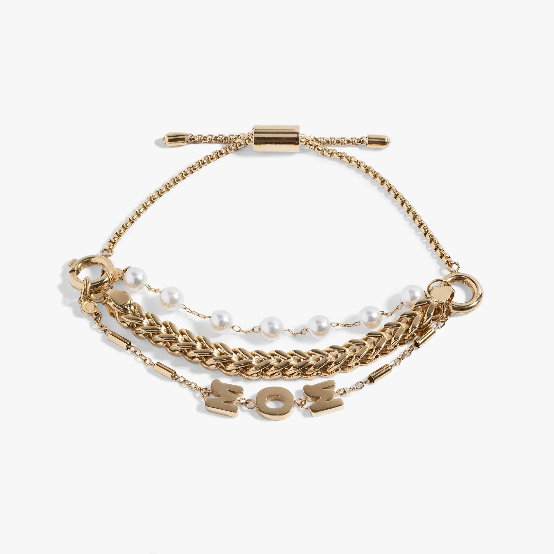 Bracelet set Mom Pearl Stranded by ALEX AND ANI, gold-tone chains with pearl beads and MOM charms on Tampa Home & Garden Store
