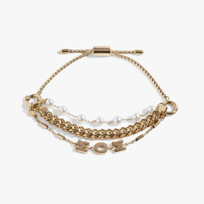 Bracelet set Mom Pearl Stranded by ALEX AND ANI, gold-tone chains with pearl beads and MOM charms on Tampa Home & Garden Store