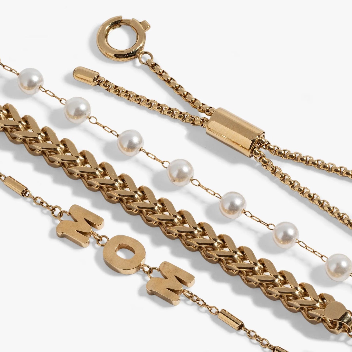 Mom Pearl Stranded Bracelet Set by ALEX AND ANI, gold-tone chain bracelets with pearl beads on Tampa Home & Garden Store