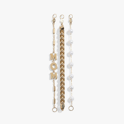 Mom Pearl Stranded Bracelet Set by Alex and Ani, 4 goldtone chains with pearls and charms on Tampa Home & Garden Store