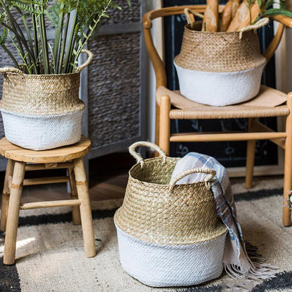 Straw Basket Pop Up Belly Basket by RusticReach, three-tone natural straw with white base on Tampa Home & Garden Store
