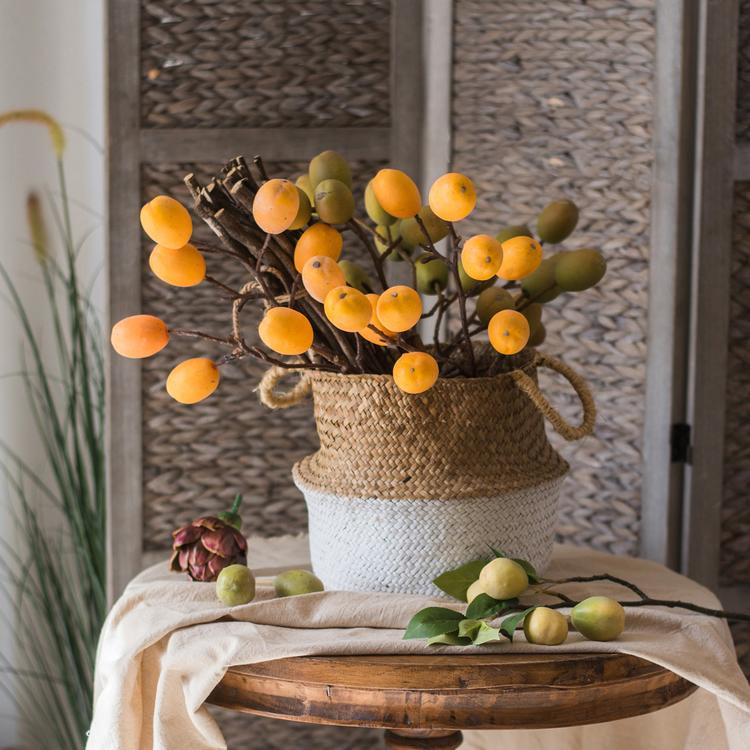Straw Belly Basket by RusticReach, two-tone woven with rope handles, orange berry stems on Tampa Home & Garden Store