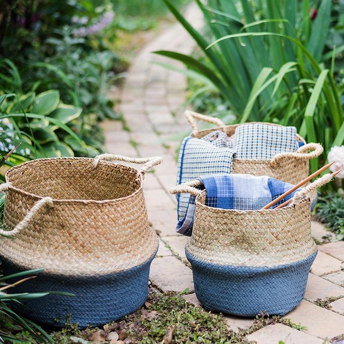 Straw Basket Pop Up Belly Basket set with blue-dyed base and rope handles RusticReach on Tampa Home & Garden Store
