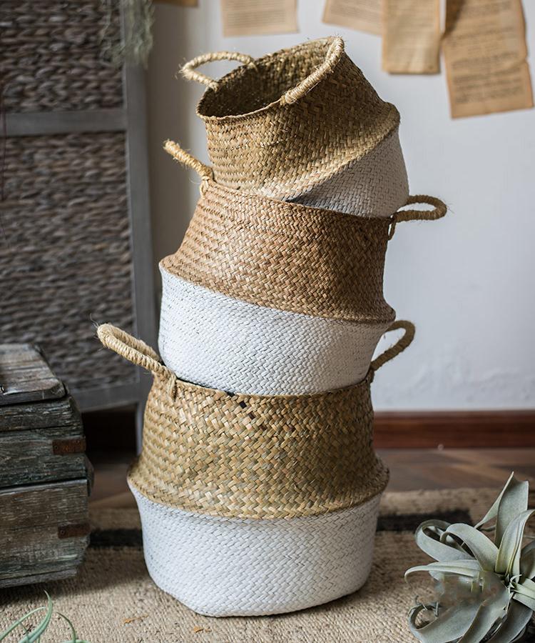 Straw Basket Pop Up Belly Basket set of 5 woven in natural tan and gray by RusticReach on Tampa Home & Garden Store