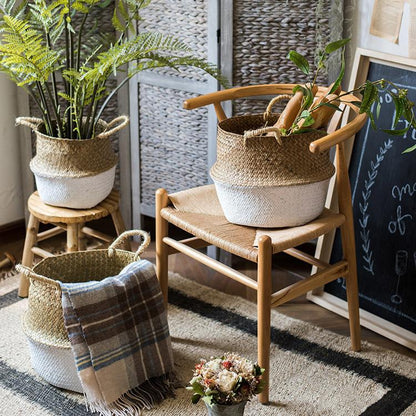 Straw Belly Basket Pop Up by RusticReach, natural woven baskets with white base and rope handles on Tampa Home & Garden Store