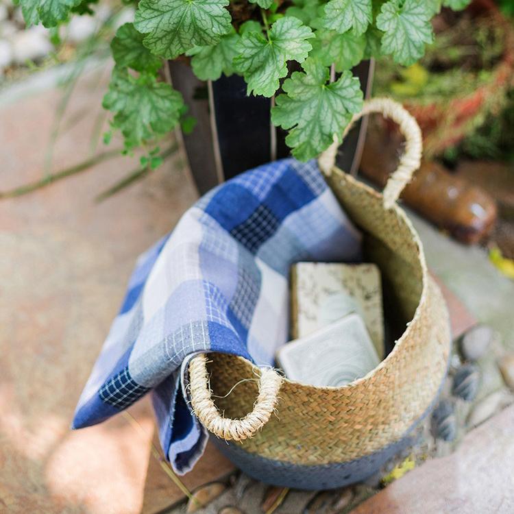 Straw Basket Pop Up Belly Basket by RusticReach with a blue plaid lining on Tampa Home & Garden Store