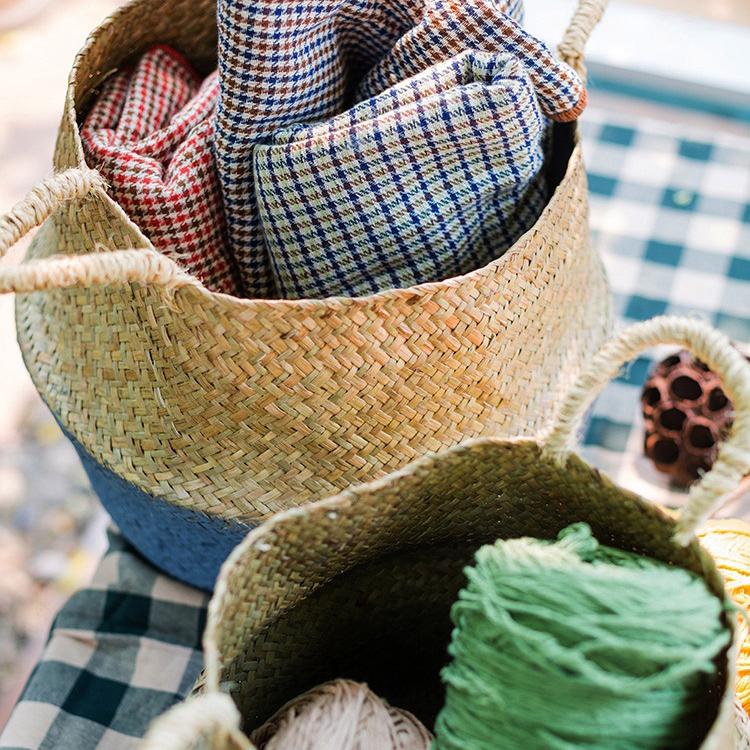 Straw Basket Pop Up Belly Basket by RusticReach, natural straw with blue base, two baskets shown on Tampa Home & Garden Store