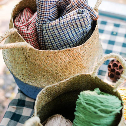 Straw Basket Pop Up Belly Basket by RusticReach, natural straw with blue base, two baskets shown on Tampa Home & Garden Store