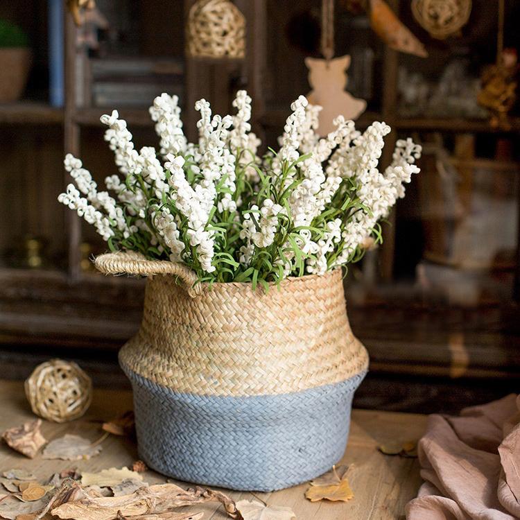 Straw Pop Up Belly Basket natural top blue base with white flowers on Tampa Home & Garden Store