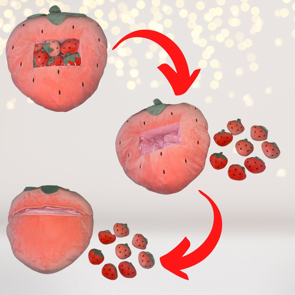 Strawberry plush throw pillow with 8 mini strawberry toys inside, pink fabric with green leaves on Tampa Home & Garden Store