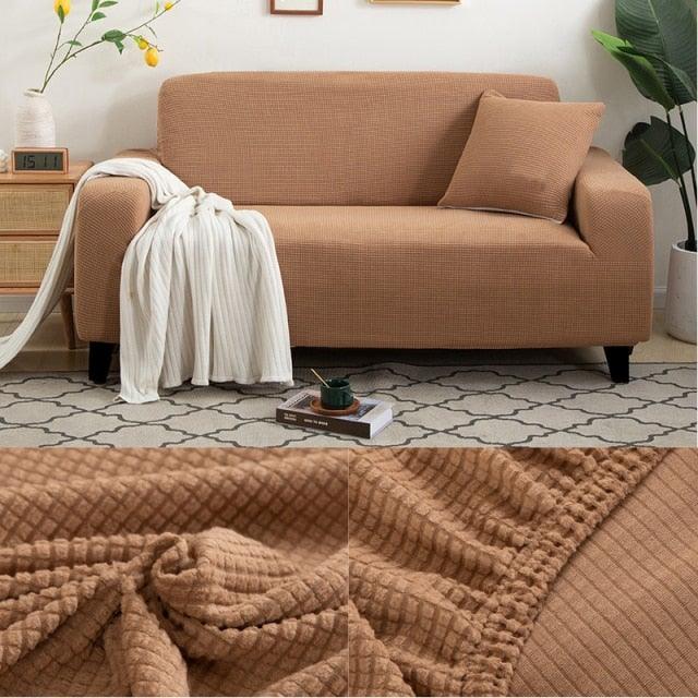 Stretch armchair slipcover in tan beige with waffle-knit textured fabric by Stevvex on Tampa Home & Garden Store