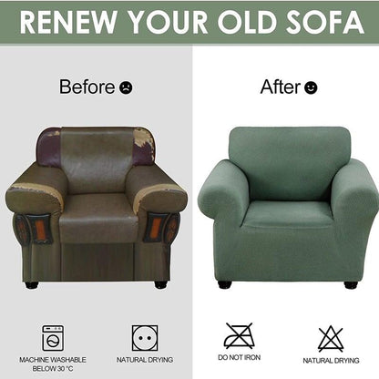 Stevvex stretch armchair cover in green textured fabric washable sofa protector before after on Tampa Home & Garden Store