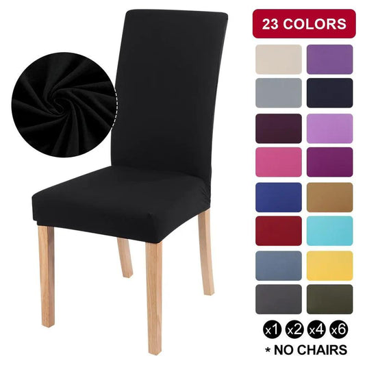 Stretchable black chair cover on a wooden Parsons chair; fabric close-up with swatches on Tampa Home & Garden Store