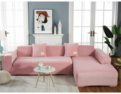 Pink stretchable sofa slipcover for L-shaped sectional with chaise, Stevvex ST50DE3937RWD on Tampa Home & Garden Store