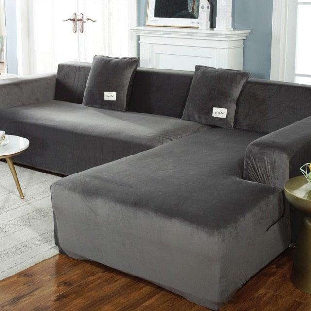 Stretchable couch cover lounge slipcover dark gray elasticated for chaise and 3-seat sofa on Tampa Home & Garden Store