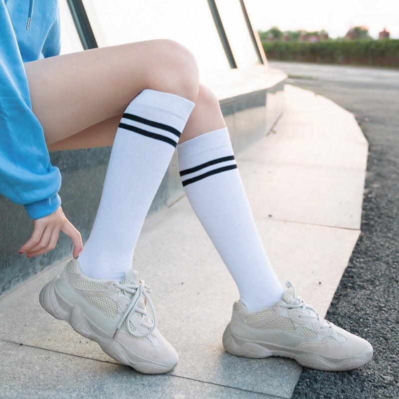 Stevvex striped long warm over-knee thigh high stockings white with black bands hosiery pair on Tampa Home & Garden Store