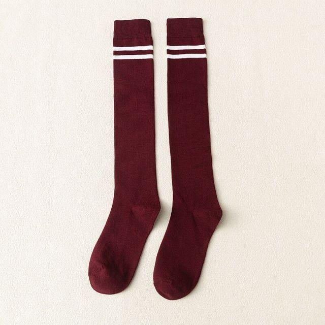 Striped burgundy thigh-high socks by Stevvex, pair with white stripes at cuff, warm hosiery on Tampa Home & Garden Store