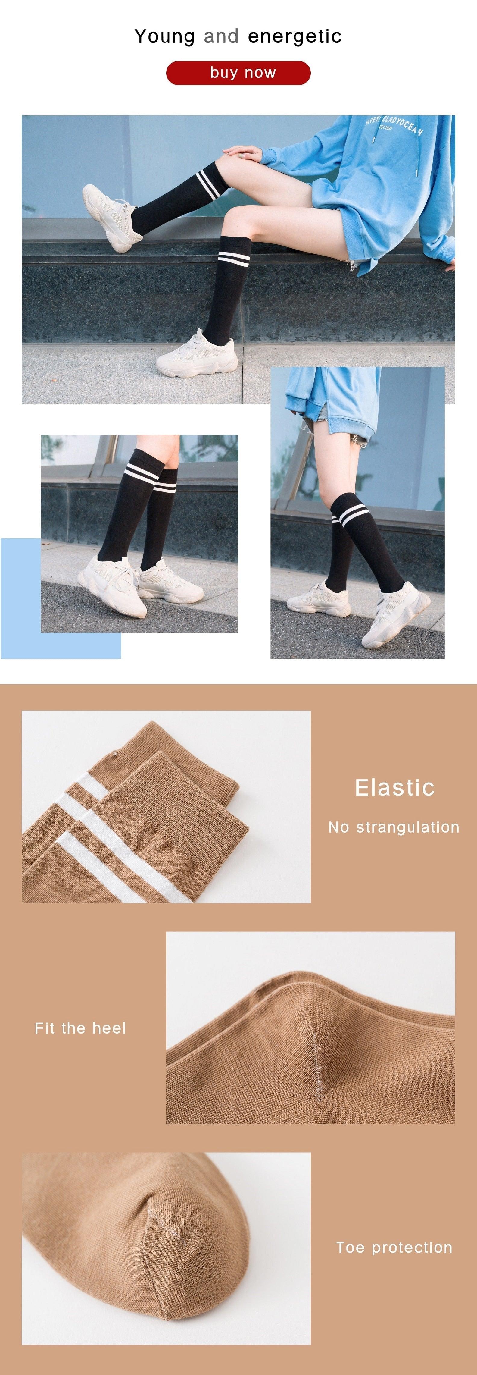 Stevvex striped thigh-high stockings black knee-highs with white stripes elastic knit on Tampa Home & Garden Store
