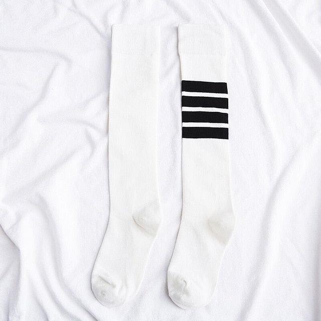 Striped long warm thigh high stockings pair white with black stripes Stevvex ST12210AYF hosiery on Tampa Home & Garden Store
