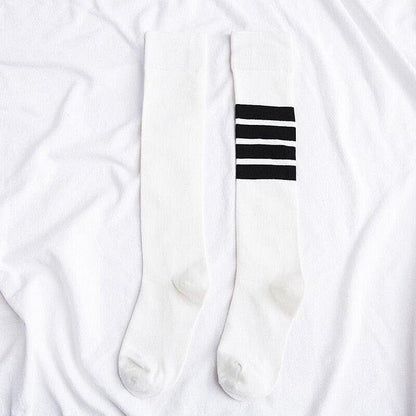 Striped long warm thigh high stockings pair white with black stripes Stevvex ST12210AYF hosiery on Tampa Home & Garden Store