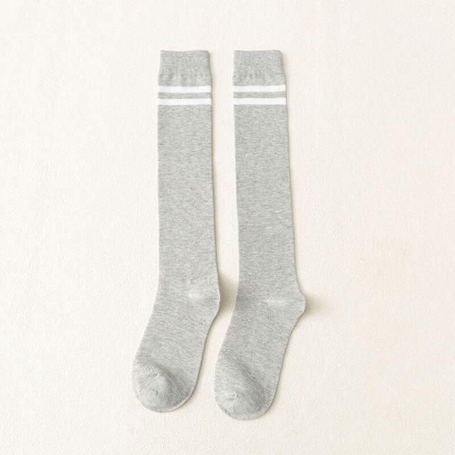Stevvex striped long warm thigh-high stockings grey pair with white stripes Hosiery on Tampa Home & Garden Store
