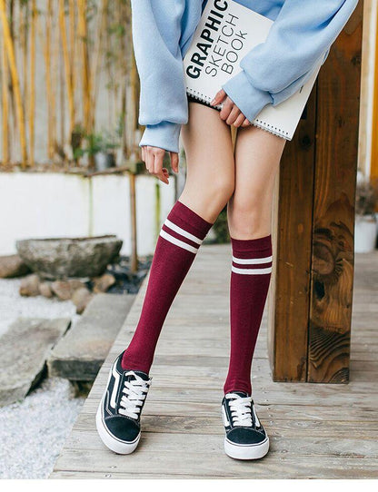 Stevvex striped burgundy thigh high stockings for girls, knee-high hosiery on Tampa Home & Garden Store