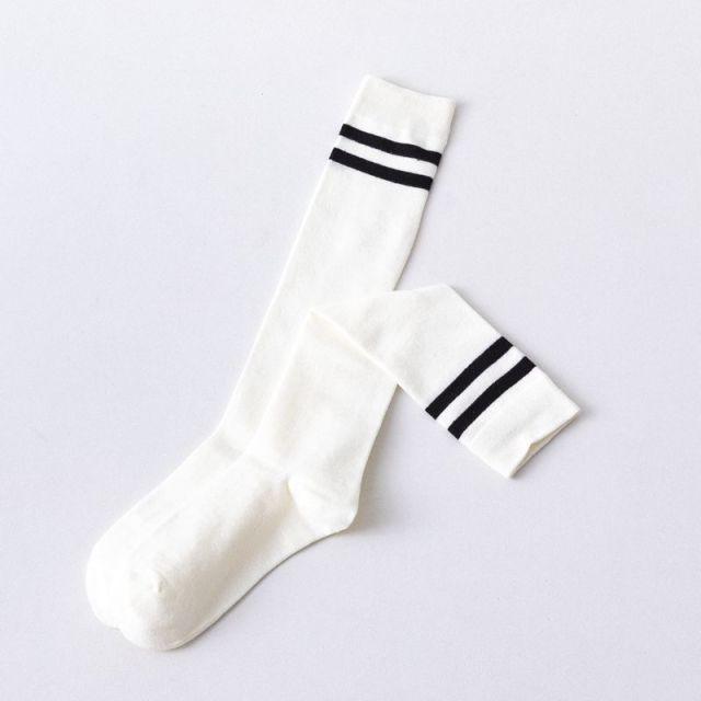 Striped white thigh-high stockings Stevvex with two black bands on Tampa Home & Garden Store