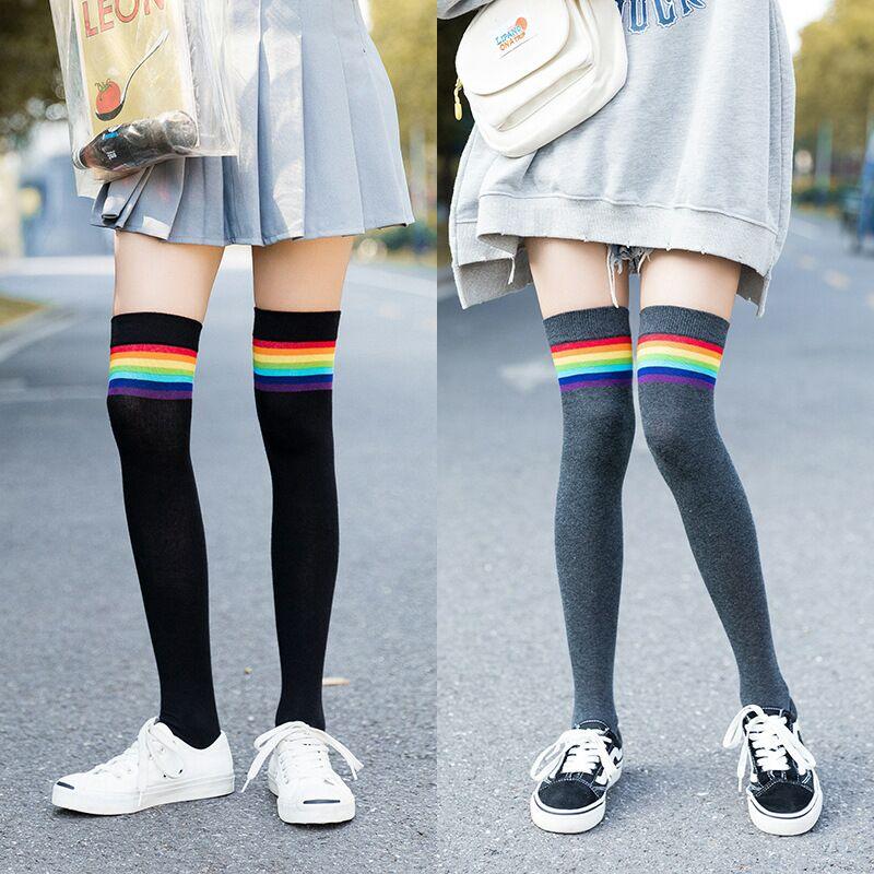 Striped thigh-high stockings by Stevvex; black and gray with rainbow top bands, two color options on Tampa Home & Garden Store