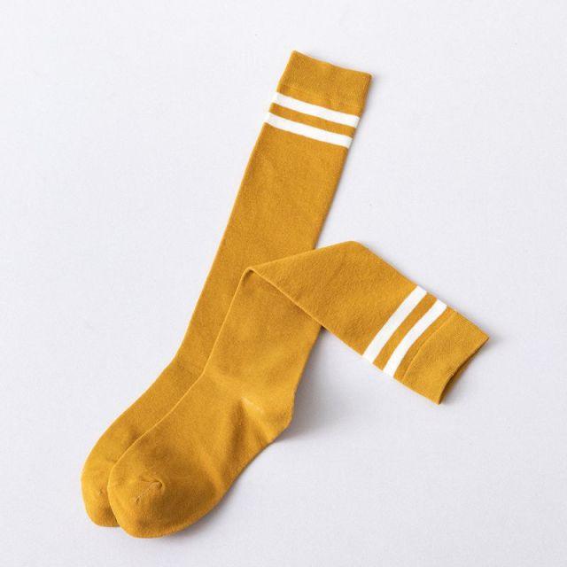 Striped long warm thigh high stockings mustard yellow with white stripes Stevvex on Tampa Home & Garden Store
