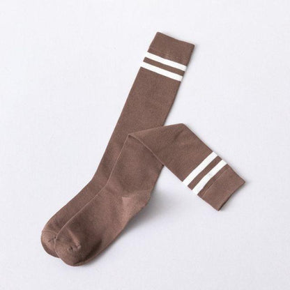 Stevvex striped long warm thigh high stockings brown with white cuff stripes, hosiery for girls on Tampa Home & Garden Store