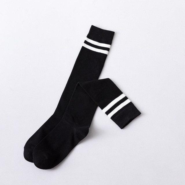 Thigh high stockings Stevvex striped black with white top bands, casual hosiery for girls on Tampa Home & Garden Store