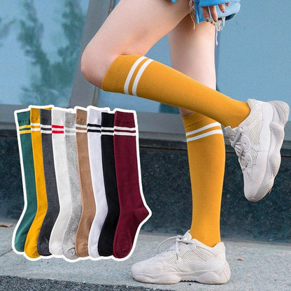 Stevvex striped thigh high stockings mustard yellow worn by model; multicolor hosiery set on Tampa Home & Garden Store
