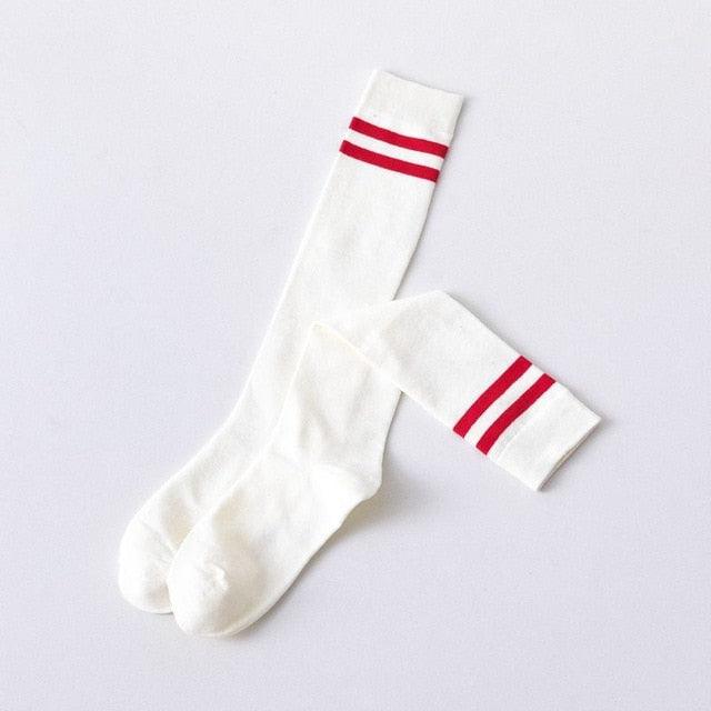 Striped thigh-high white socks with two red bands at top, Stevvex hosiery ST12210AYF on Tampa Home & Garden Store