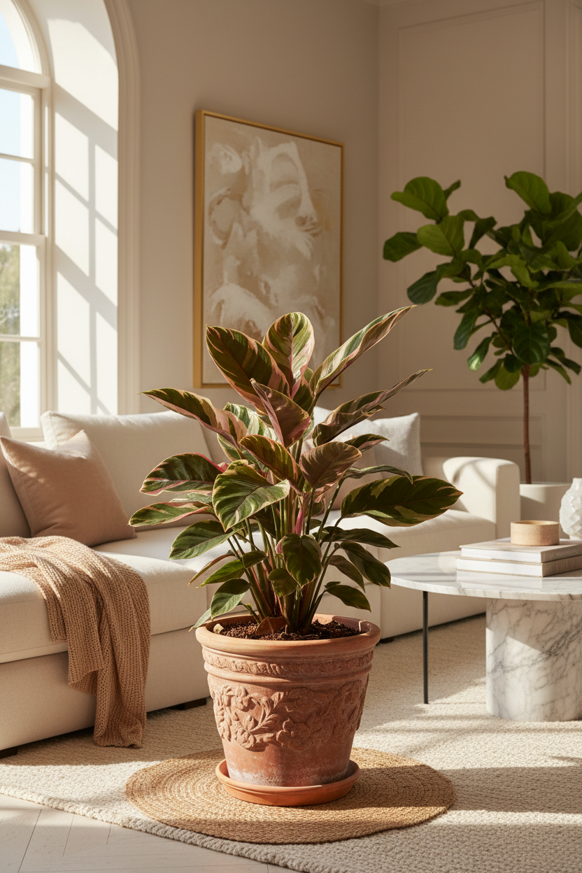 Stromanthe Triostar with pink-green variegated leaves in a terracotta pot in a sunlit living room on Tampa Home & Garden Store