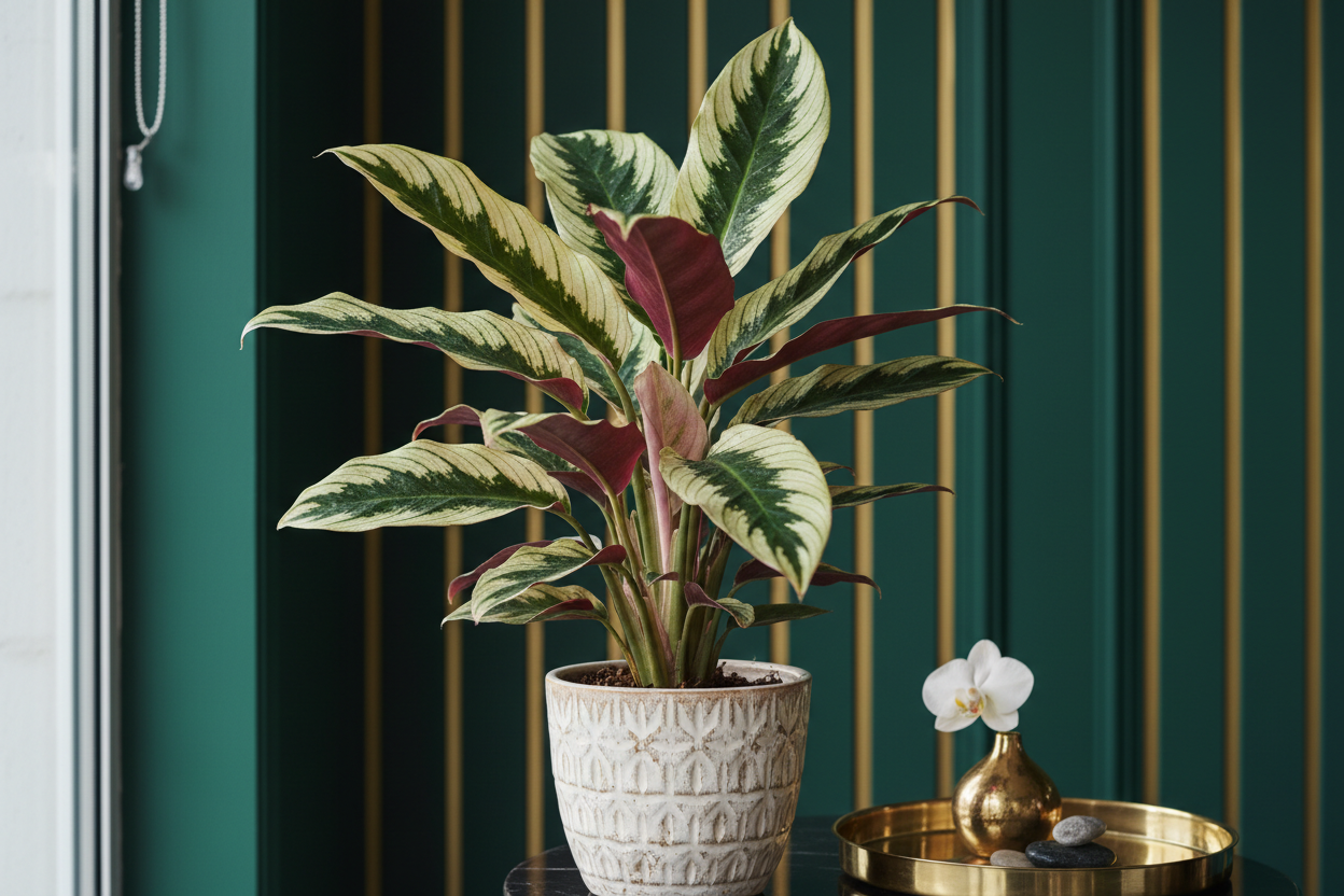 Stromanthe Triostar plant in a white ceramic pot with green and cream variegated leaves on Tampa Home & Garden Store