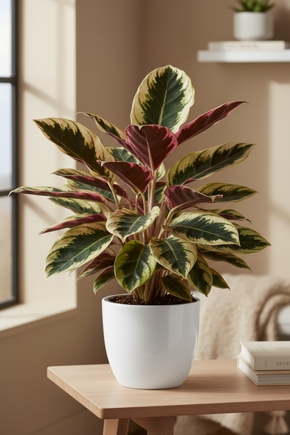 Stromanthe Triostar plant in white nursery pot with pink, cream and green variegated leaves on Tampa Home & Garden Store