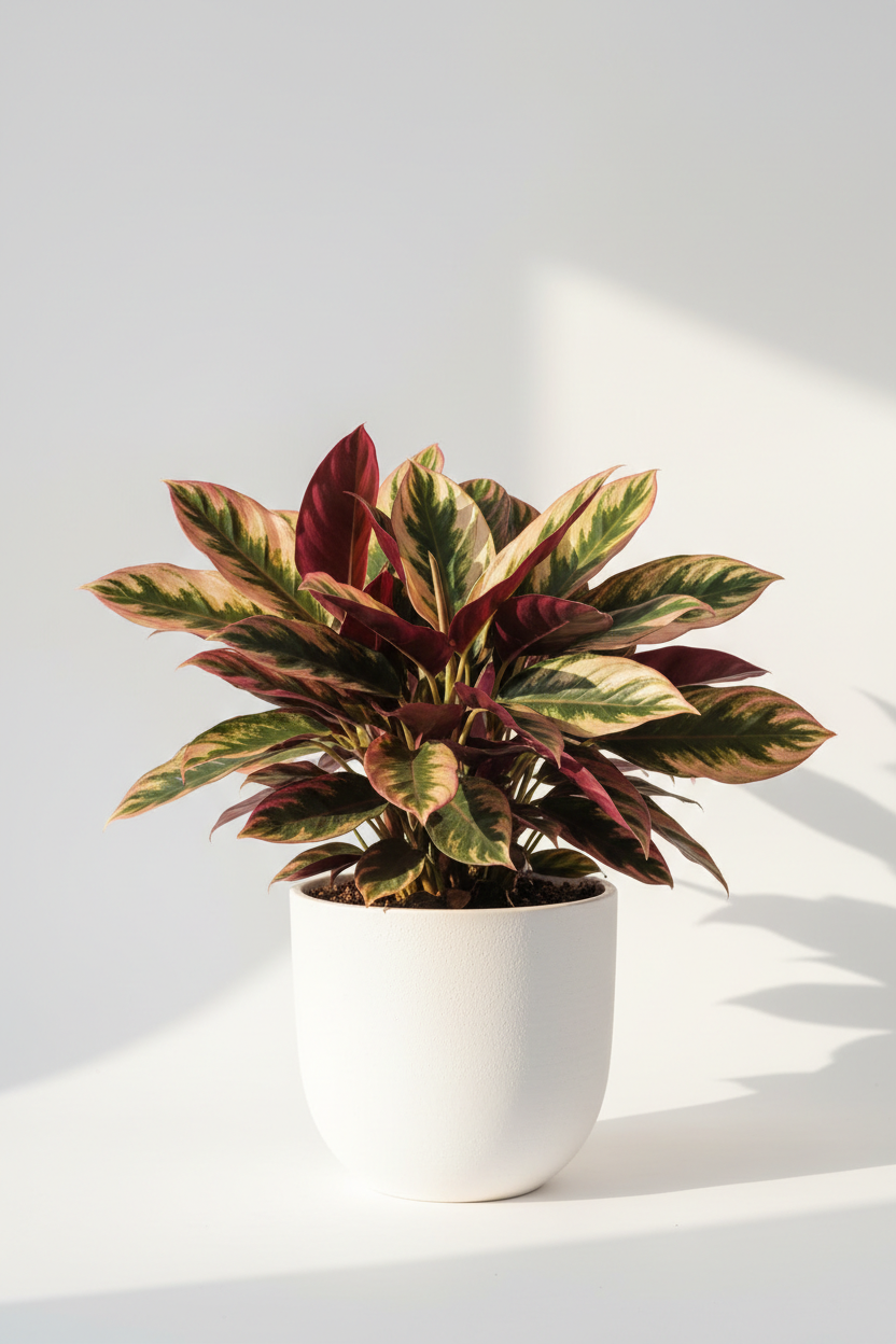 Stromanthe Triostar 6in plant in white nursery pot with pink and green variegated leaves on Tampa Home & Garden Store