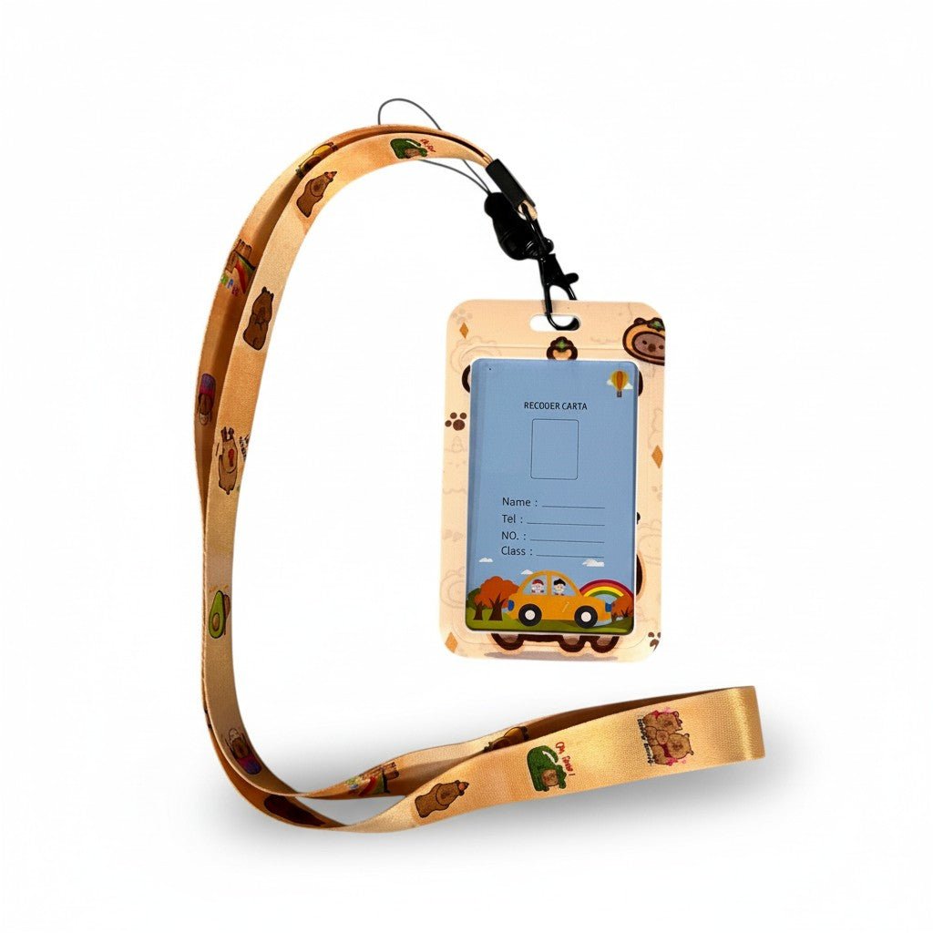 Capybara ID Card Holder with Lanyard; beige badge holder, blue card insert, capybara strap on Tampa Home & Garden Store