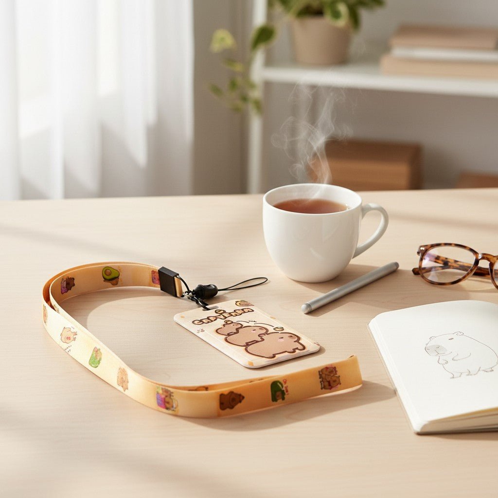 Capybara ID Card Holder with peach lanyard by Shaketea, badge & pass holder on Tampa Home & Garden Store
