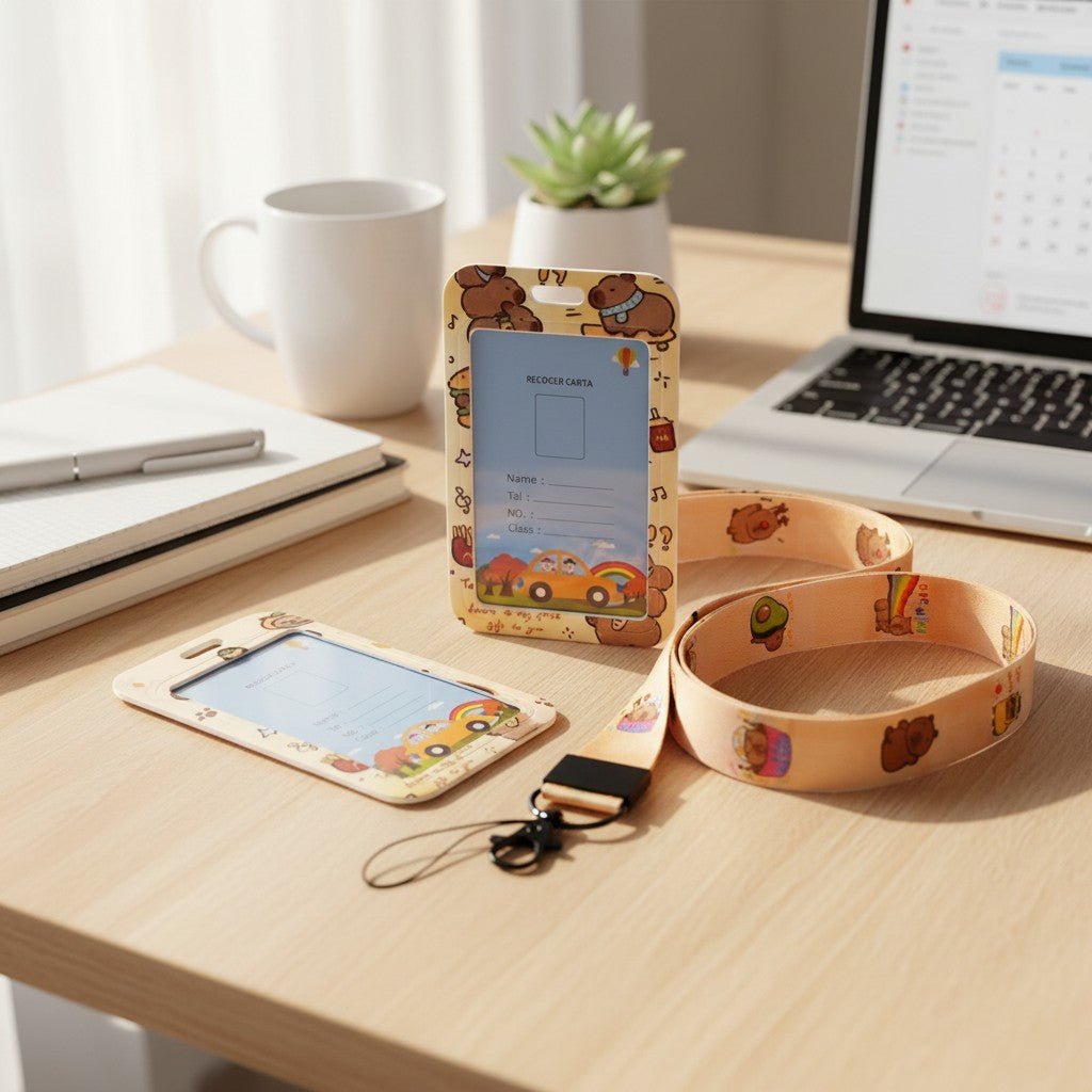 Shaketea capybara ID card holder with lanyard on a wooden desk beside a laptop on Tampa Home & Garden Store