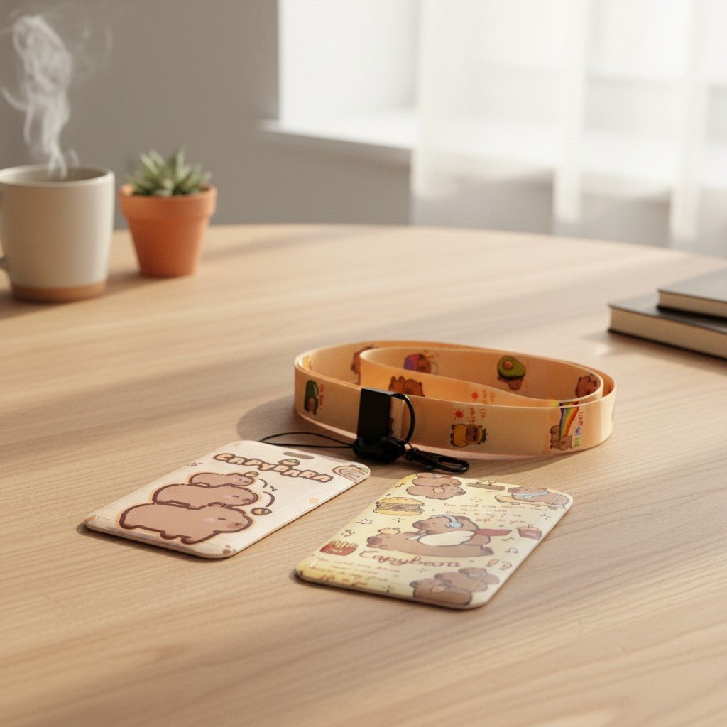 Capybara ID card holders with beige lanyard set of two and cartoon prints by Shaketea on Tampa Home & Garden Store