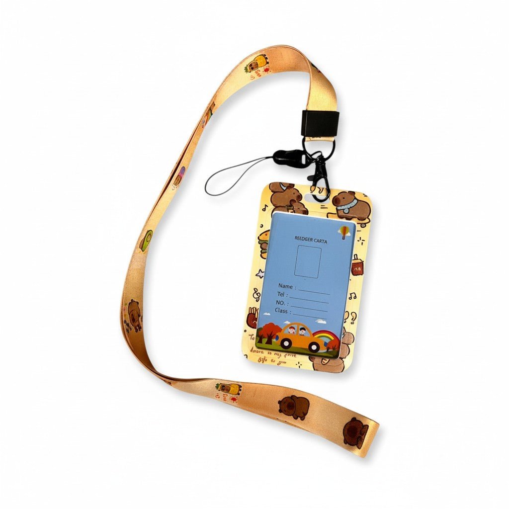 Capybara ID Card Holder by Shaketea with yellow lanyard capybara pattern on Tampa Home & Garden Store