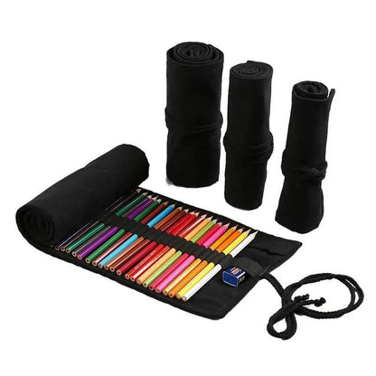 Stevvex black canvas roll-up pencil case opened with colorful pencils; three rolled pouches on Tampa Home & Garden Store
