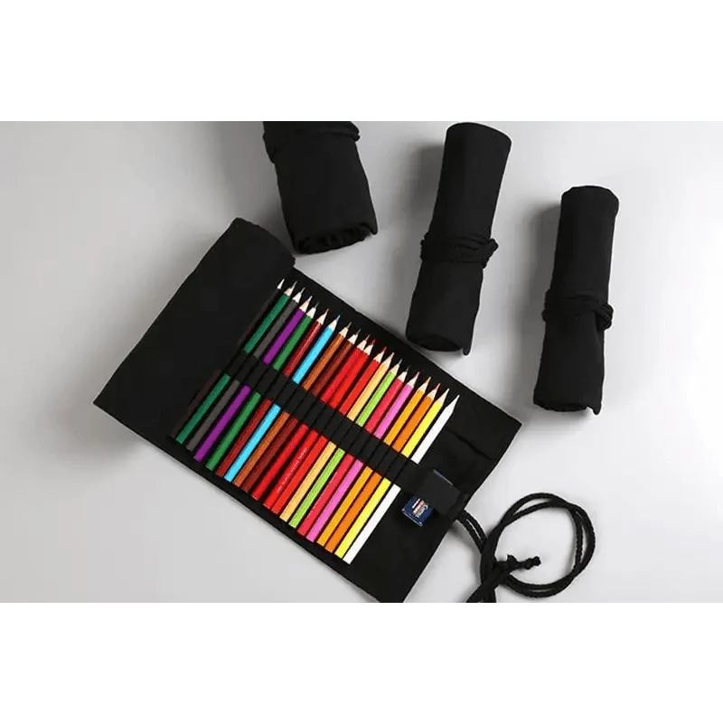 Stevvex black roll-up pencil case with rainbow pencils in two rows on canvas wrap on Tampa Home & Garden Store