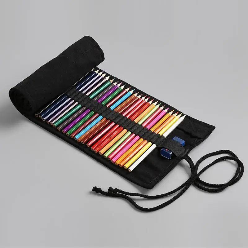 Roll-up pencil case in black canvas with colorful pencils arranged inside on Tampa Home & Garden Store