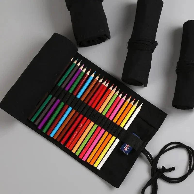 Stevvex black canvas roll pencil case opened to reveal a rainbow of colored pencils, 24 pcs on Tampa Home & Garden Store