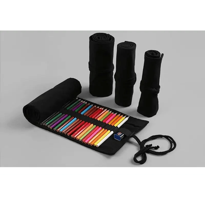 Stevvex Students Roll Design black canvas wrap-up pencil case with colorful pencils on Tampa Home & Garden Store